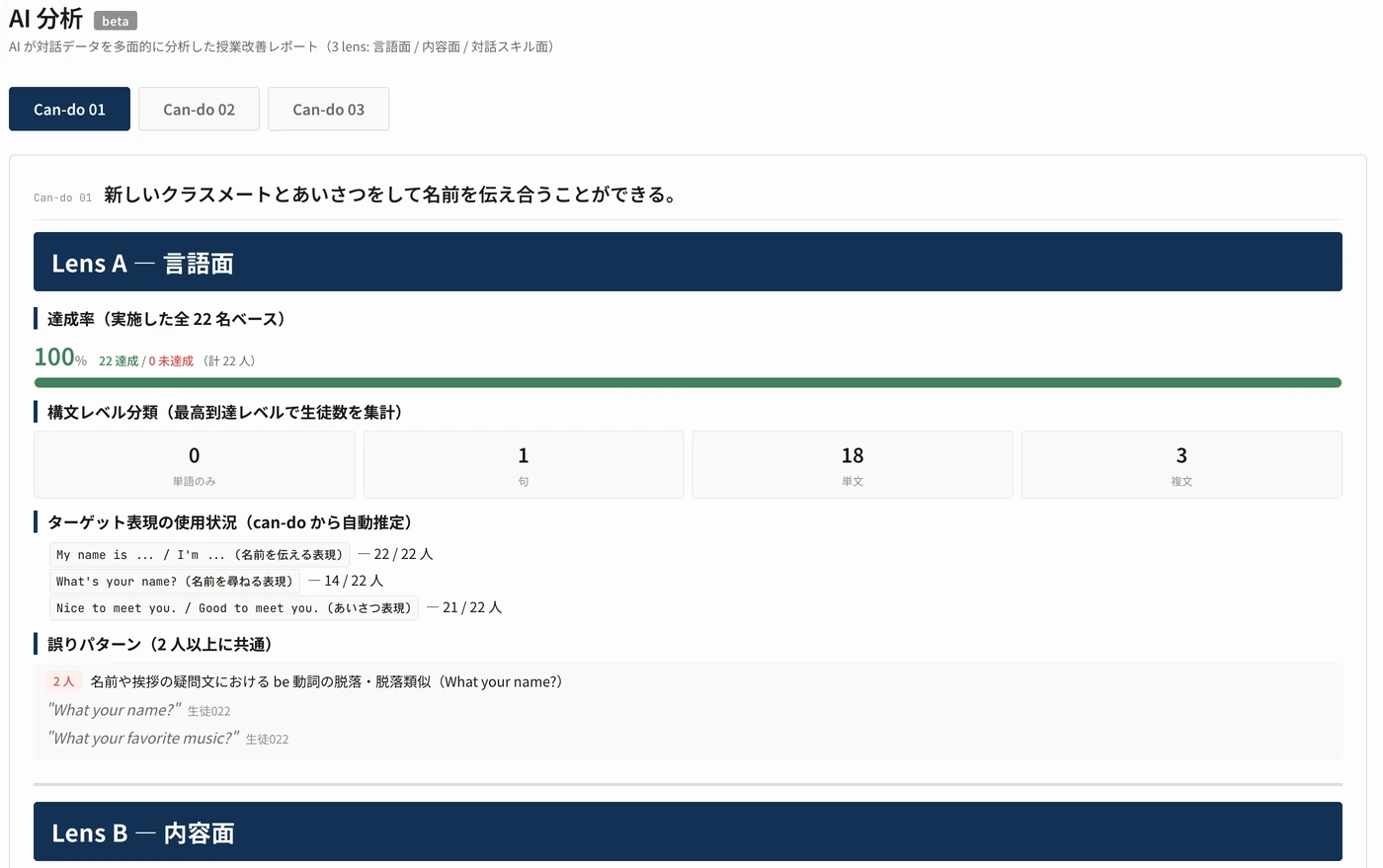 生徒の発話を言語面・内容面から分析したAI分析レポート