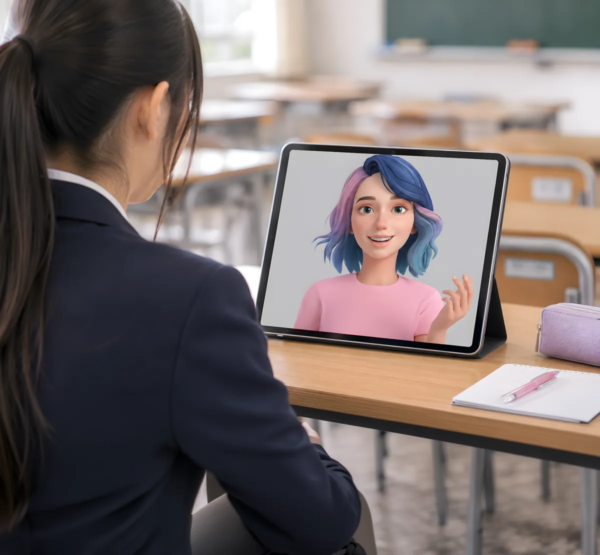 教室でタブレットのAIキャラクターと英語で話す生徒