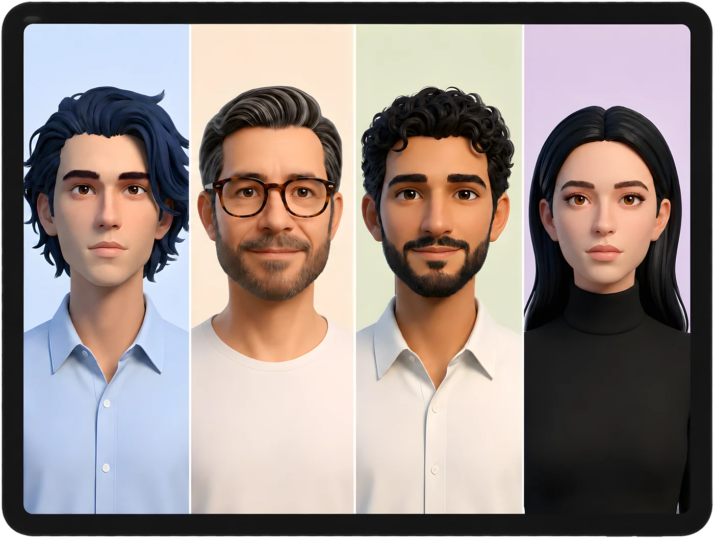 タブレットに表示された4人のAIキャラクター